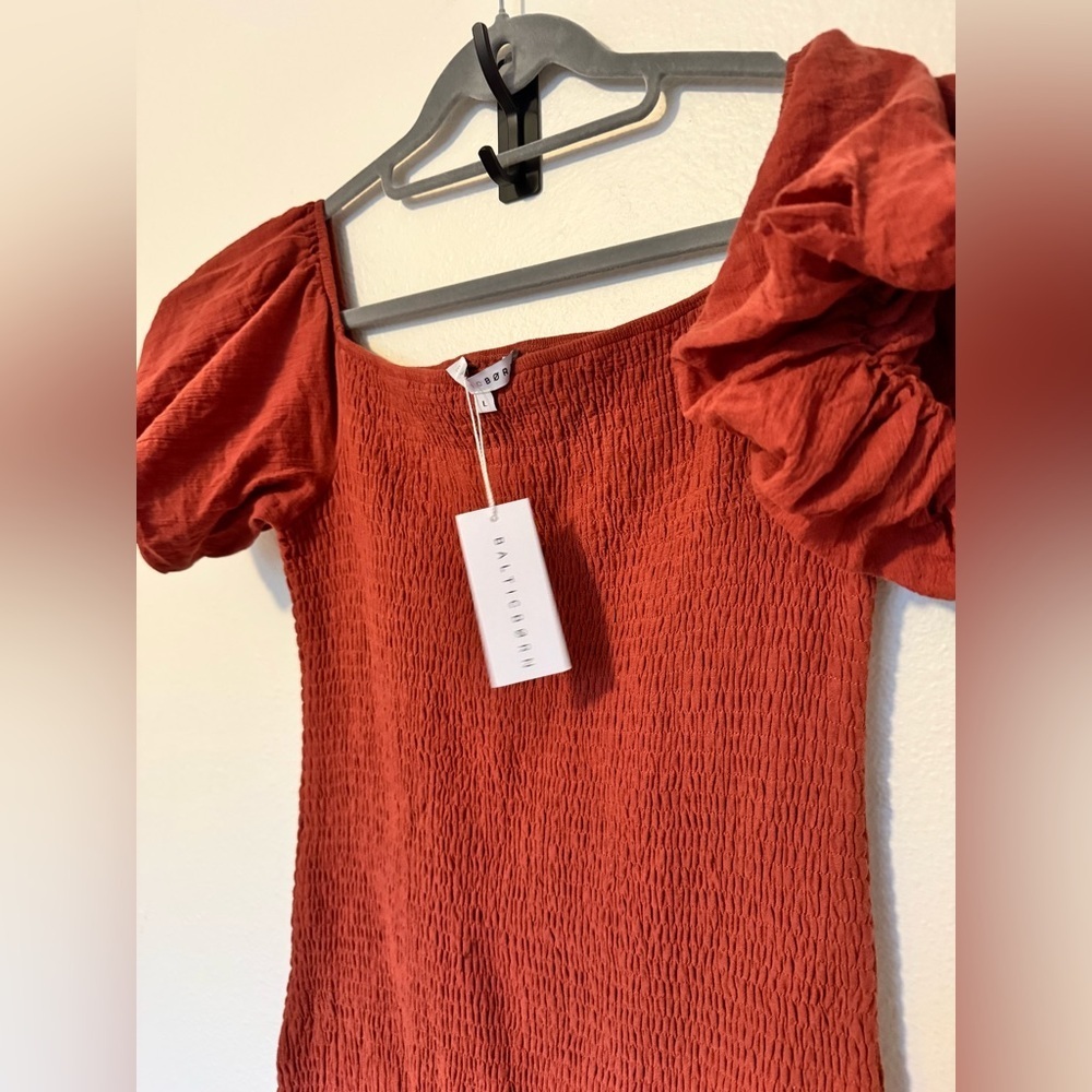 NEW Baltic Born Alana Smocked Midi Dress Clay Orange Size Large NWT SEE PHOTOS - Picture 3 of 9
